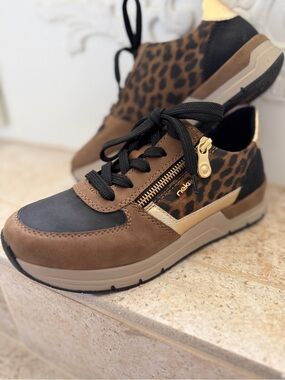 Rieker Brown and Black Leopard Lace-Up Sneaker with Gold Accent size 37